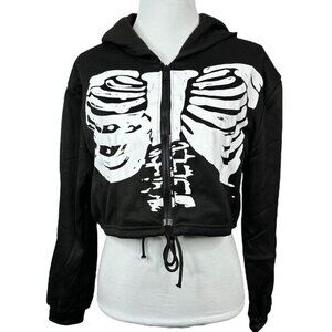 Womens Black Skeleton Rib‎ Cage Cropped Zip Up Hoodie Sweatshirt Size 2XL